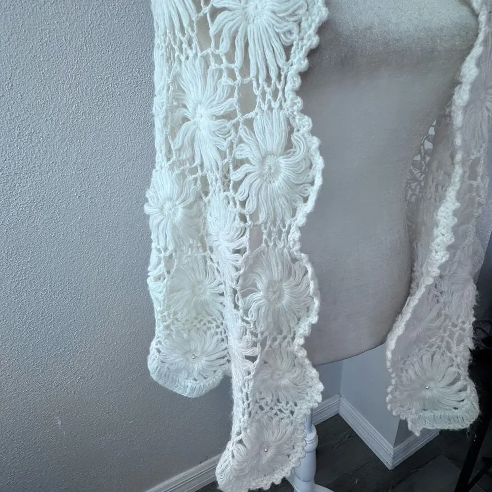Handmade Crochet Cream Shawl Large Floral Pattern Pearl Detail Handmade